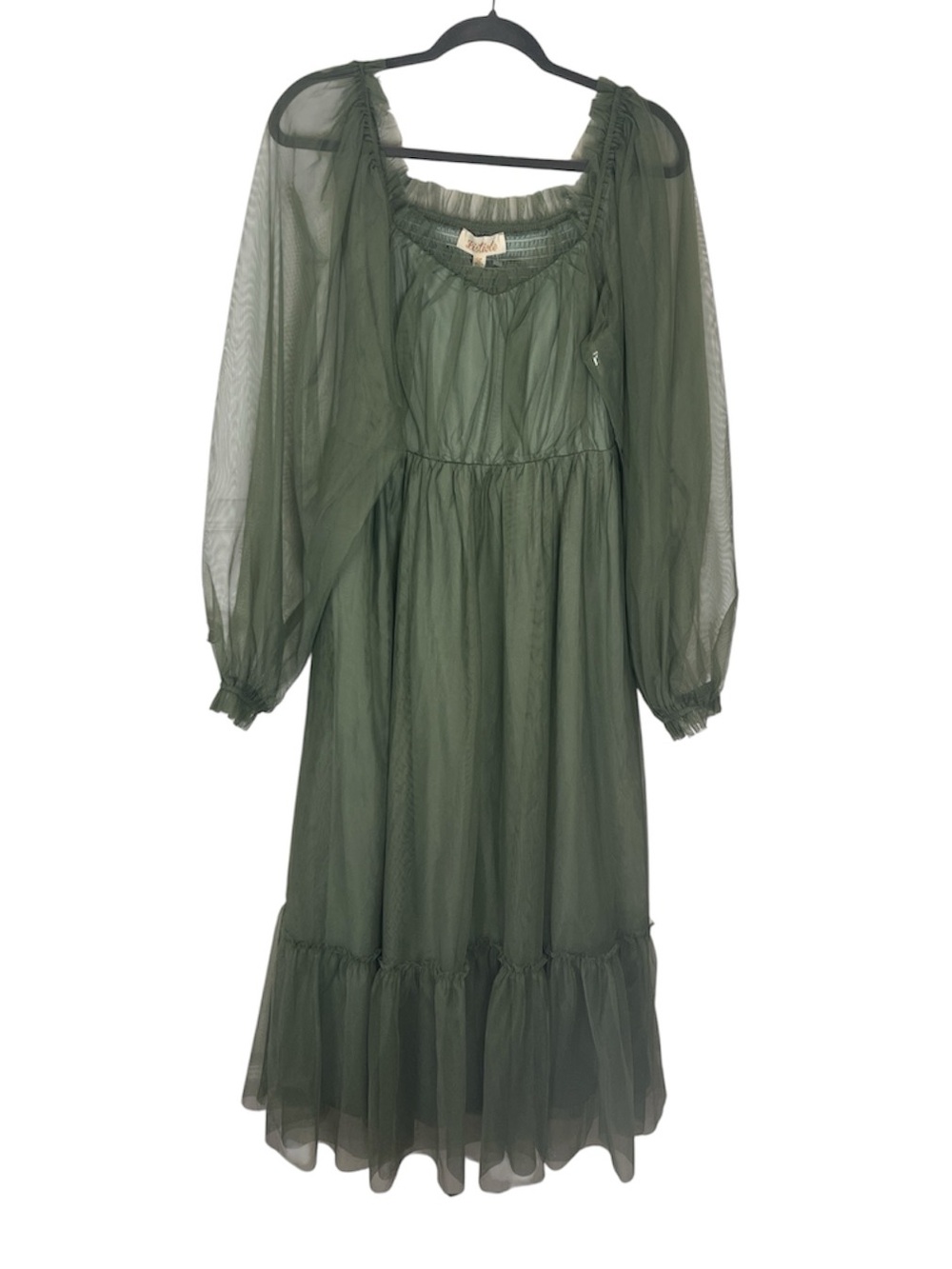 Baltic Born Listicle Cleobelle sheer maxi dress in dusty olive Lg NWT